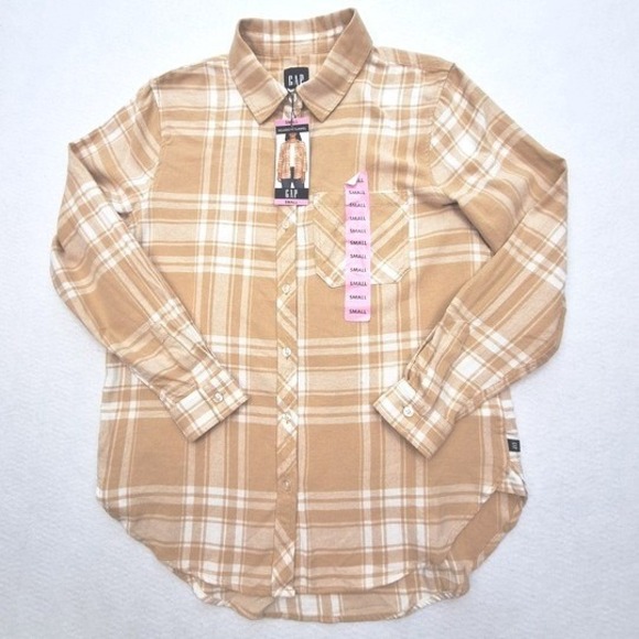 GAP Tops - GAP Shirt Womens Small Tan Jodie Plaid Flannel Button Down Long Sleeve Cotton